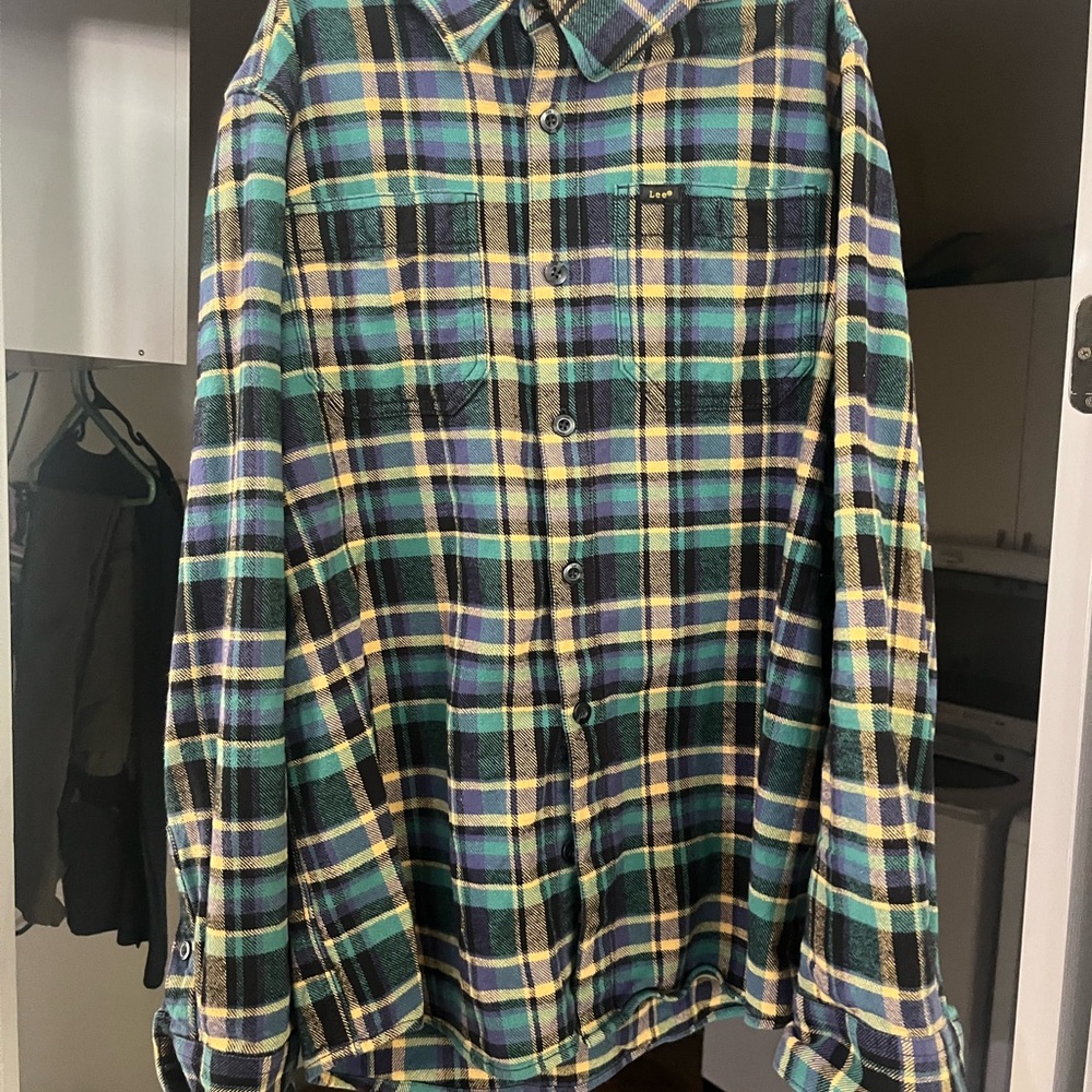 Lee Men's Blue and Green Plaid Shirt